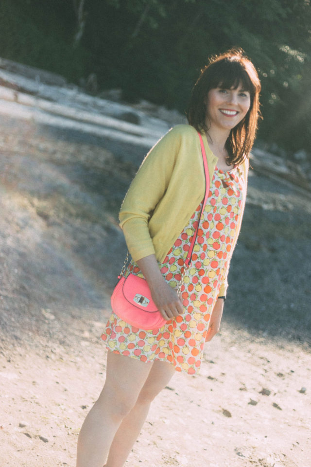 Lemon print, dress, fruit, yellow cardigan, vintage, Target, Marshall's, summer, beach,