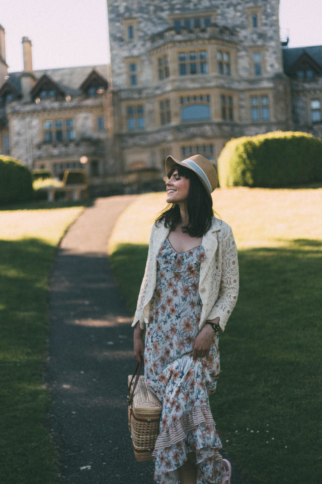 Marshall's, Max Studio, straw bag, straw fedora, lace blazer, maxi dress, floral dress, vintage, summer, fashion, retro, Hatley castle