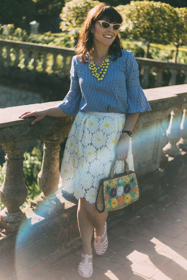 gingham, Daisy, Lace, bell sleeves, marshall's, chic wish, vintage, summer, cat eye sunglasses, straw bag