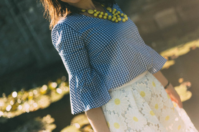 gingham, Daisy, Lace, bell sleeves, marshall's, chic wish, vintage, summer, cat eye sunglasses, straw bag