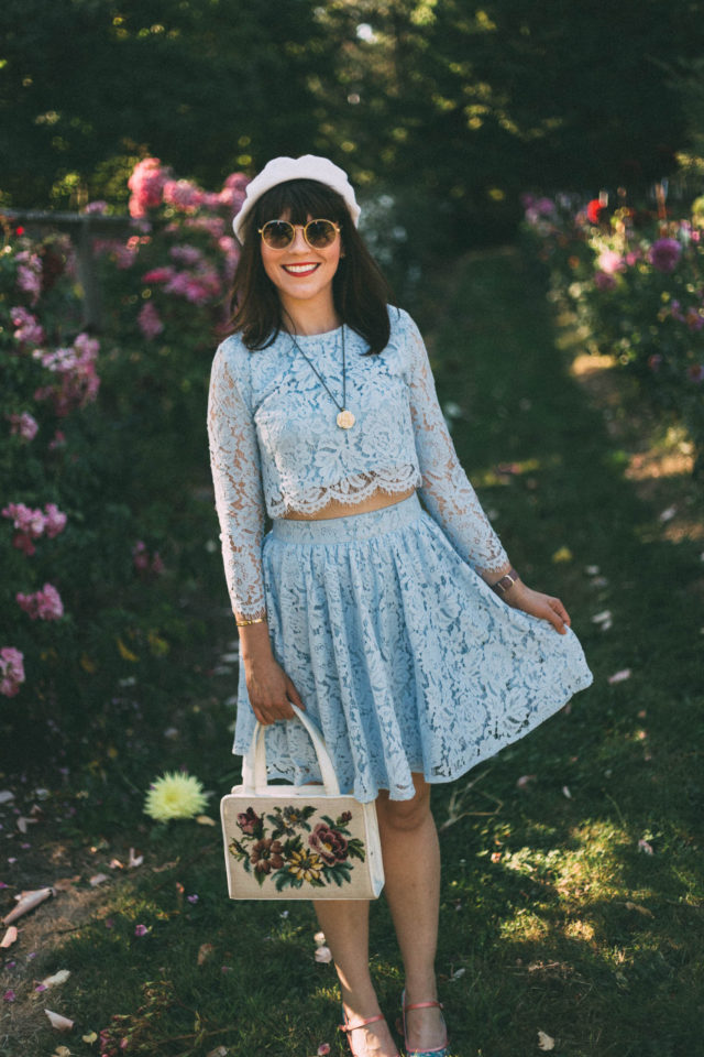 Beau xoxo, Marie Antoinette, Beret, Sunday Somewhere, Parisian, Sunglasses, vintage, cross stitch, Chic Wish, Daydreamer Whole Lace Top and Skater Skirt Set in Blue