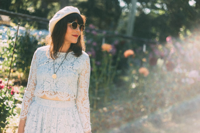 Beau xoxo, Marie Antoinette, Beret, Sunday Somewhere, Parisian, Sunglasses, vintage, cross stitch, Chic Wish, Daydreamer Whole Lace Top and Skater Skirt Set in Blue