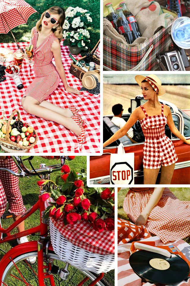 Summer Picnic, vintage, gingham, cherries, picnic basket, retro