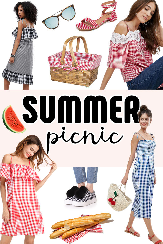 Summer Picnic, vintage, gingham, cherries, picnic basket, retro