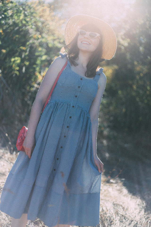 Dashing Darling Cami Dress in Black Gingham, Chic Wish, Oversized Straw Hat With Bow Band, Kate Spade, Floral bag, Gingham Dress, Pink Cat Eye Sunglasses, vintage, summer,