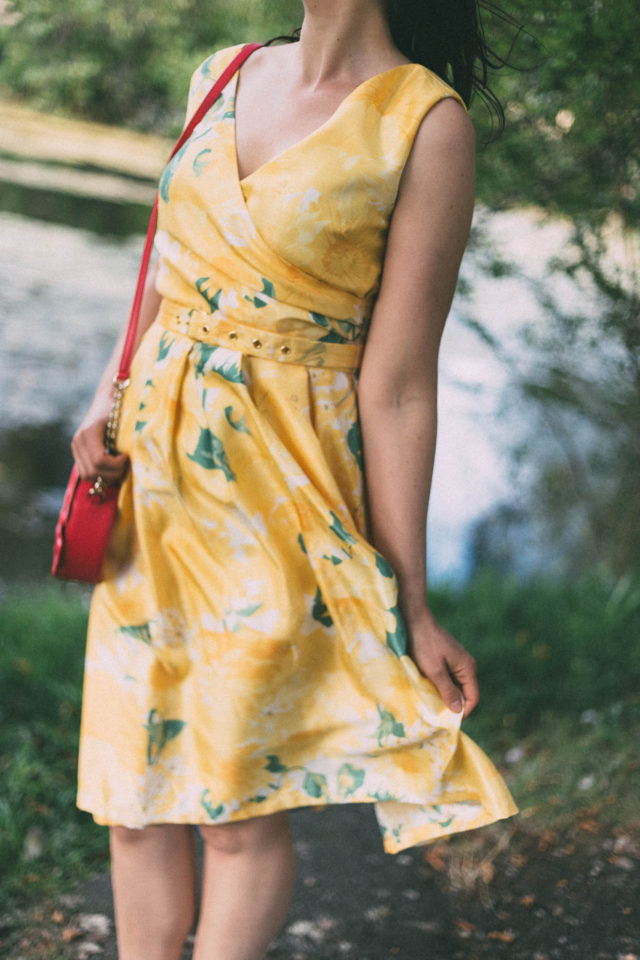 Flora Sunflower Belted Dress, Vintage, retro, Joanie Clothing, Dress, Yellow, Kate Spade New York, Floral,