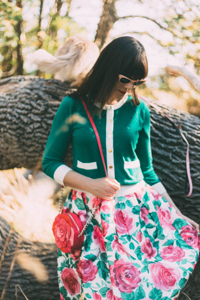 Mia Floral Full Skirt, 50s Style Vintage Occasion Skirt, Joanie Clothing, floral rose, midi skirt, Helena Contrast Trim Cardigan, Emerald Green, Vintage style, knit, Women's vintage style clothing and accessories