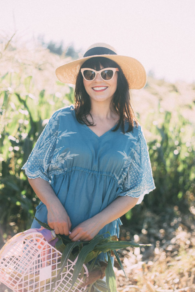 Across the Fields Embroidered Dress in Blue, Chic Wish, Le chateau, Straw hat, vintage, summer, fashion, retro, sun Jellies,