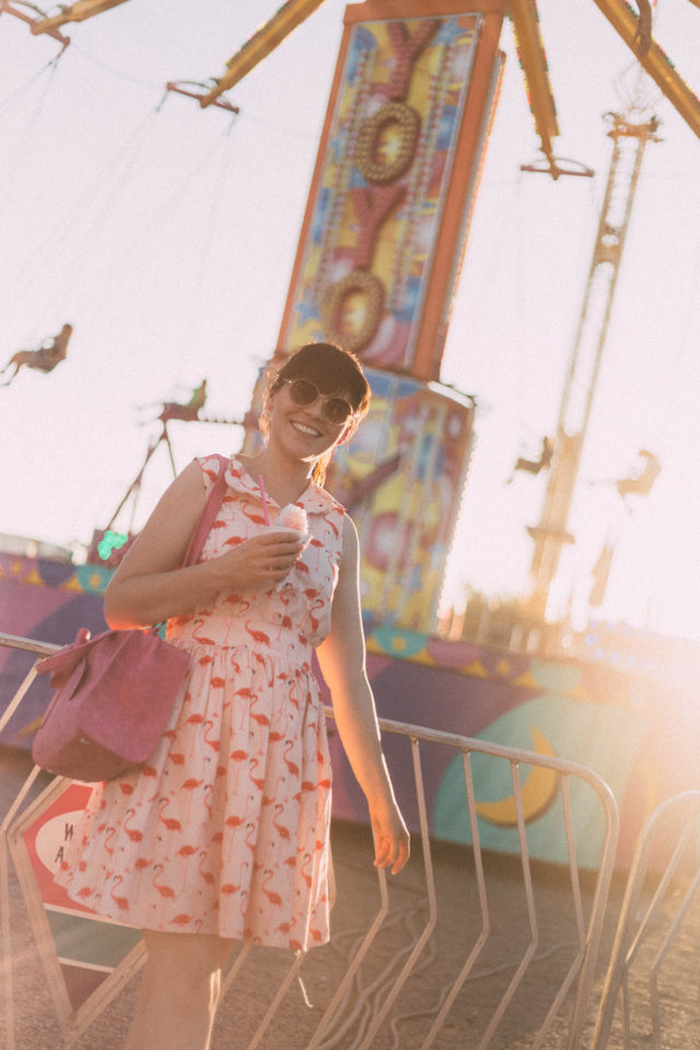 Flamingo Fun Flare Print Dress, Chic Wish, Sunday Somewhere, Lila's Beauty Bag, Cute Pink Bow Handbag, Carnival, Fair, Summer, Vintage, Style, Dress, Fashion, Retro, Theme Park,