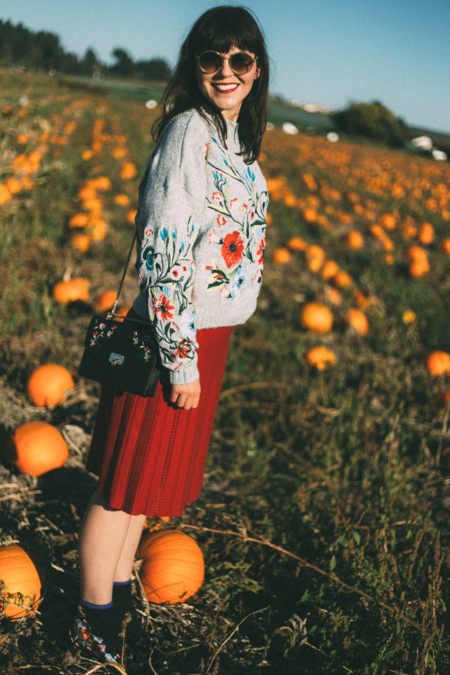 Surrounded by Flowers Embroidered Sweater in Grey, Chicwish, Nifty Eyelet Knitted A-line Skirt in Red, pumpkins, fall, vintage, fashion, autumn, style,