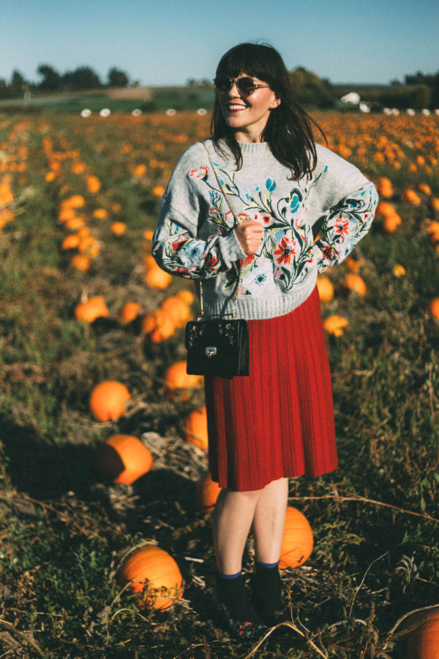 Surrounded by Flowers Embroidered Sweater in Grey, Chicwish, Nifty Eyelet Knitted A-line Skirt in Red, pumpkins, fall, vintage, fashion, autumn, style,