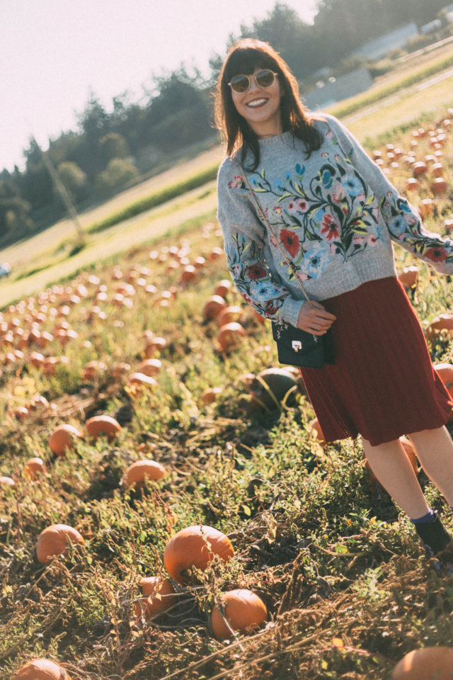 Surrounded by Flowers Embroidered Sweater in Grey, Chicwish, Nifty Eyelet Knitted A-line Skirt in Red, pumpkins, fall, vintage, fashion, autumn, style,