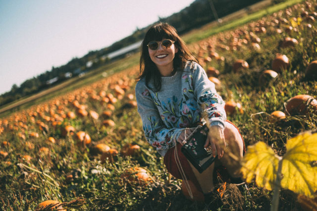 Surrounded by Flowers Embroidered Sweater in Grey, Chicwish, Nifty Eyelet Knitted A-line Skirt in Red, pumpkins, fall, vintage, fashion, autumn, style,