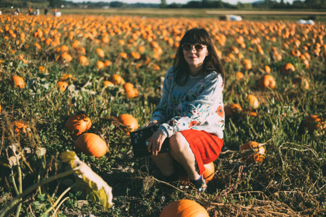 Surrounded by Flowers Embroidered Sweater in Grey, Chicwish, Nifty Eyelet Knitted A-line Skirt in Red, pumpkins, fall, vintage, fashion, autumn, style,