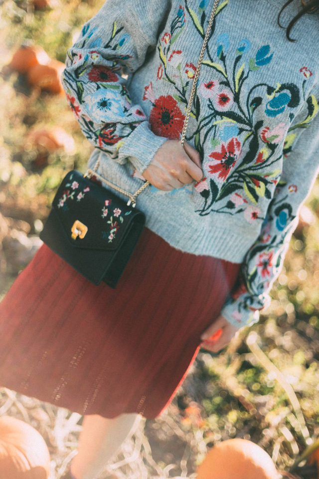 Surrounded by Flowers Embroidered Sweater in Grey, Chicwish, Nifty Eyelet Knitted A-line Skirt in Red, pumpkins, fall, vintage, fashion, autumn, style,