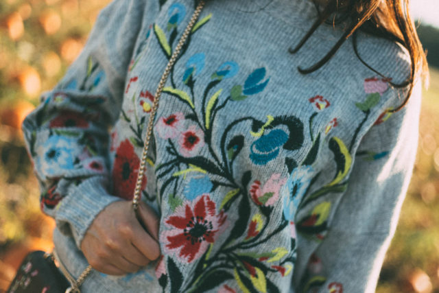 Surrounded by Flowers Embroidered Sweater in Grey, Chicwish, Nifty Eyelet Knitted A-line Skirt in Red, pumpkins, fall, vintage, fashion, autumn, style,