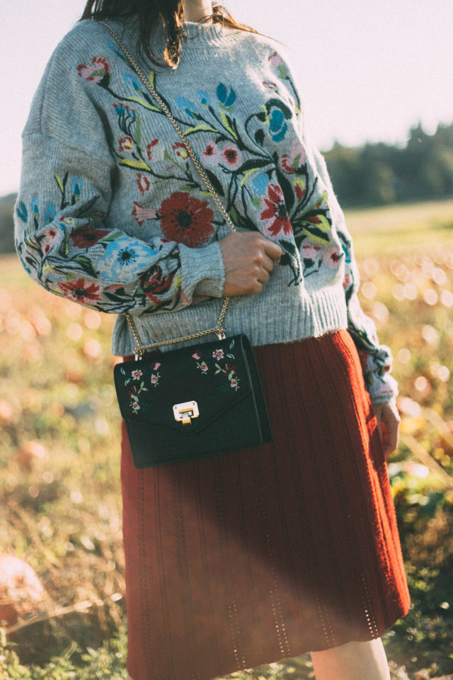 Surrounded by Flowers Embroidered Sweater in Grey, Chicwish, Nifty Eyelet Knitted A-line Skirt in Red, pumpkins, fall, vintage, fashion, autumn, style,