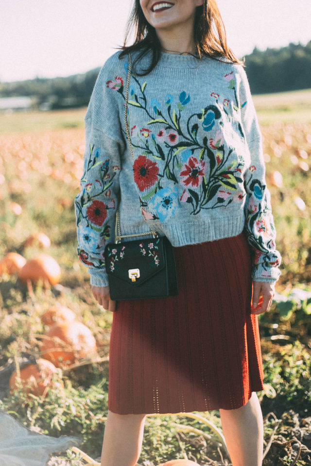 Surrounded by Flowers Embroidered Sweater in Grey, Chicwish, Nifty Eyelet Knitted A-line Skirt in Red, pumpkins, fall, vintage, fashion, autumn, style,