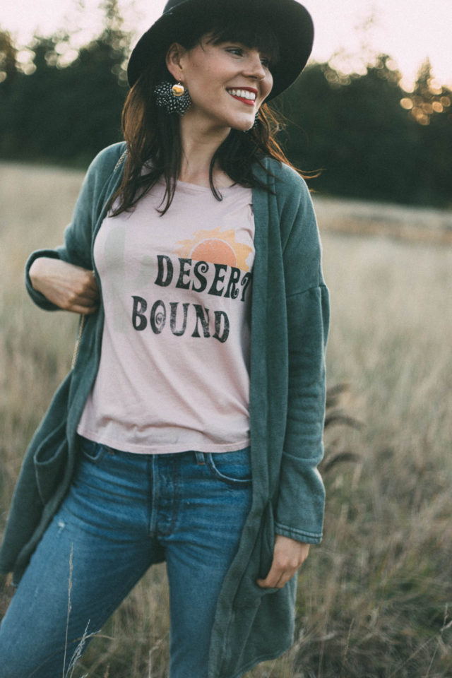 People of Leisure, Live Consciously, manufactured in Los Angeles, responsibly made garments , ethically sourced, live consciously, global wanderlust, nomadic styles, Royal Blue Velour Soft Sweater, Desert Bound Vintage T-shirt, Long Cotton Cardigan in Spring Moss, Cool Graphic T Shirt "Lonely Roads"