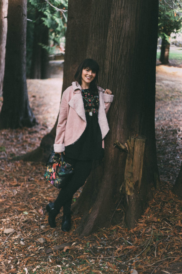 Embroidered Detail Mesh Sleeve Smock Dress, Oversized Collar Curved Faux Shearling Jacket, Floral Bag, Pink, shearling, embroidery