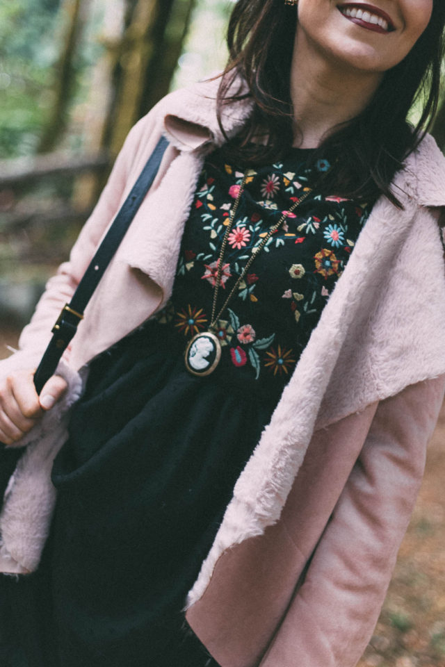 Embroidered Detail Mesh Sleeve Smock Dress, Oversized Collar Curved Faux Shearling Jacket, Floral Bag, Pink, shearling, embroidery