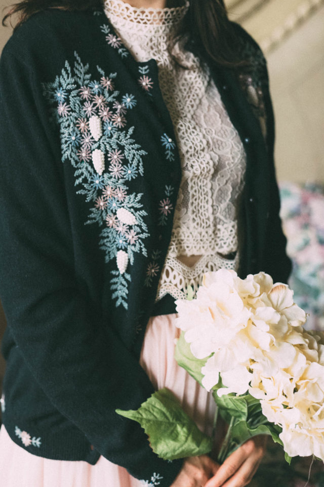 So Loves Vintage, vintage fashion, Beaded Cardigan, Victorian, lace, flowers, tulle, retro, sweater, cardigan,