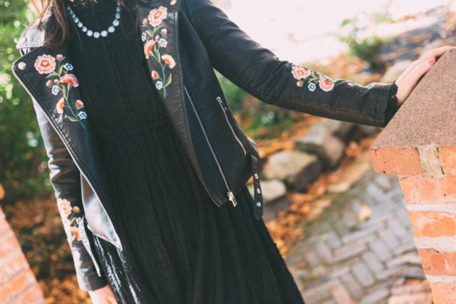 Drive Me to Garden Embroidered Faux Leather Jacket in Black, Camryn Glass Statement Necklace,Camryn Glass drop earrings, Black lace dress, Victorian, Wentworth Villa