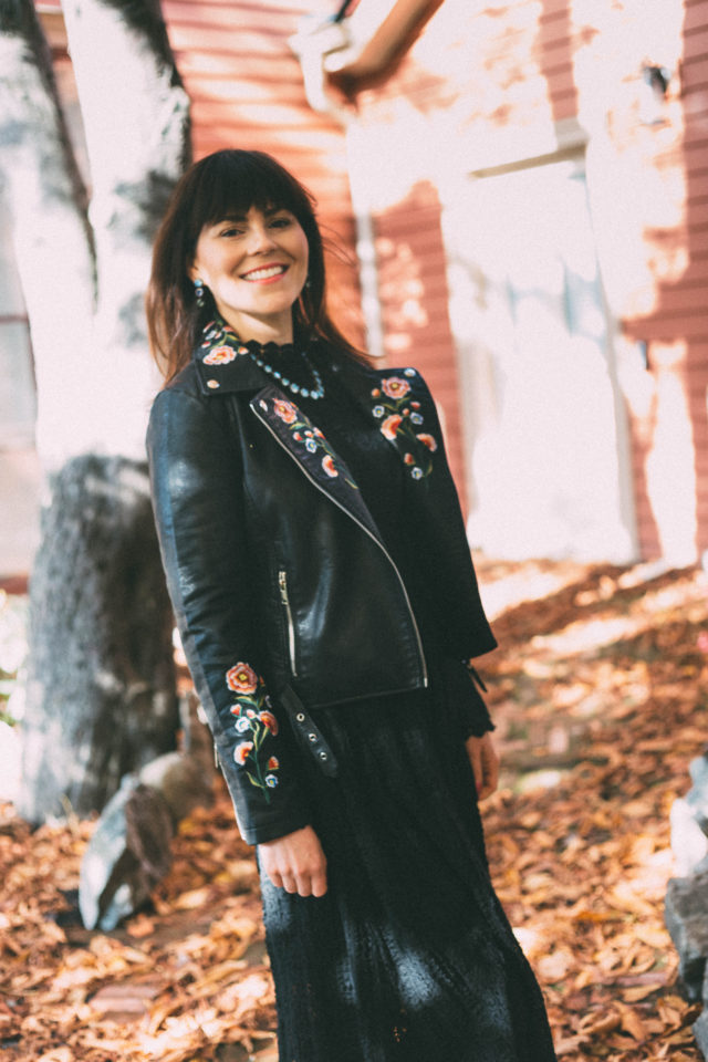 Drive Me to Garden Embroidered Faux Leather Jacket in Black, Camryn Glass Statement Necklace,Camryn Glass drop earrings, Black lace dress, Victorian, Wentworth Villa