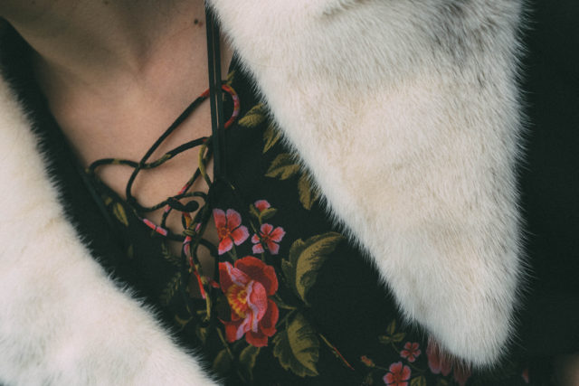 HIGHLINE COLLECTIVE Lace Cold Shoulder Floral Dress, Eve Hoop Earrings, Bauble Bar, Vintage coat, highline Collective, floral dress, Review Australia, vintage, style