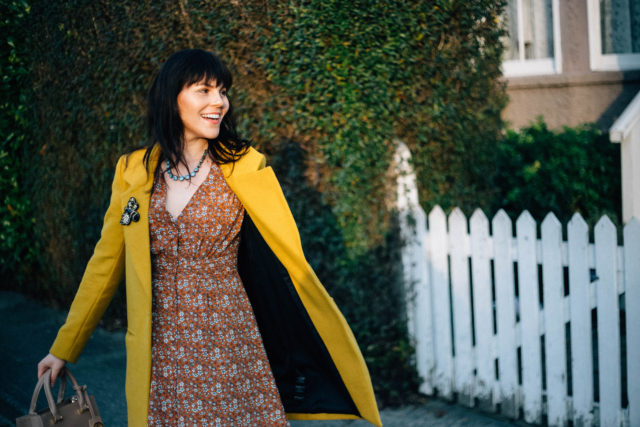 Birdie Ditsy Floral Tea Dress, Joanie Clothing, Ever New , Judy Crombie Coat, vintage fashion, vintage inspired pleated dress, vintage style, floral, yellow, brooch,