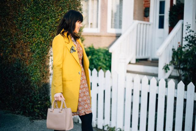 Birdie Ditsy Floral Tea Dress, Joanie Clothing, Ever New , Judy Crombie Coat, vintage fashion, vintage inspired pleated dress, vintage style, floral, yellow, brooch,