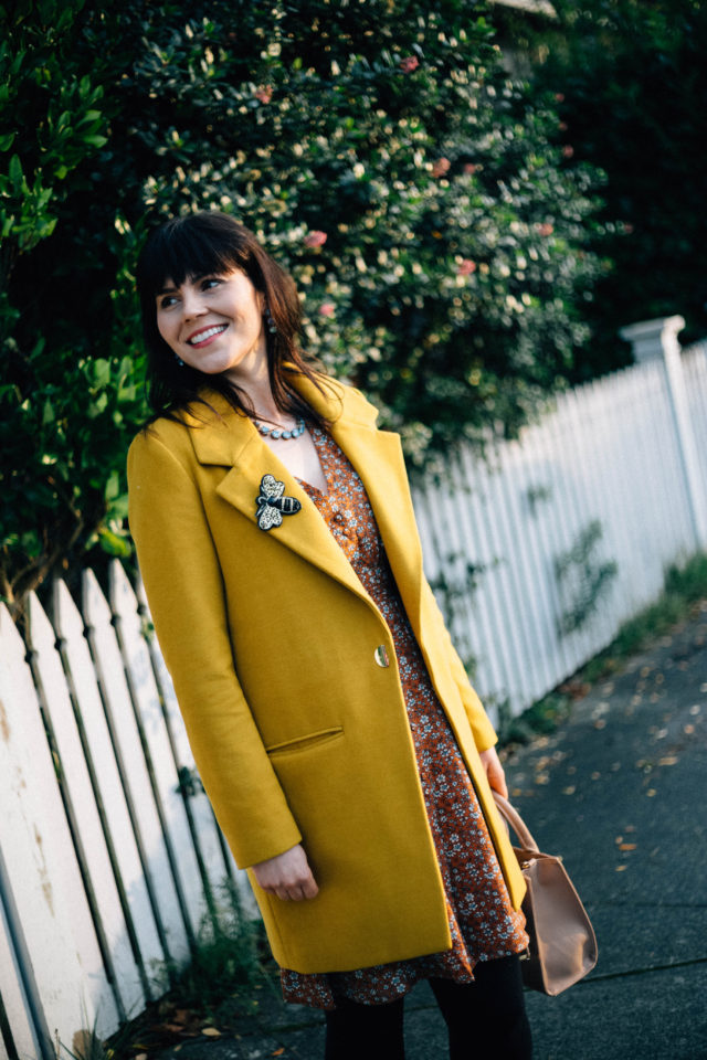 Birdie Ditsy Floral Tea Dress, Joanie Clothing, Ever New , Judy Crombie Coat, vintage fashion, vintage inspired pleated dress, vintage style, floral, yellow, brooch,