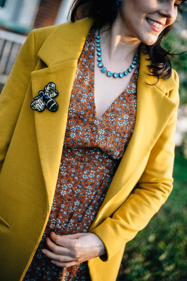 Birdie Ditsy Floral Tea Dress, Joanie Clothing, Ever New , Judy Crombie Coat, vintage fashion, vintage inspired pleated dress, vintage style, floral, yellow, brooch,