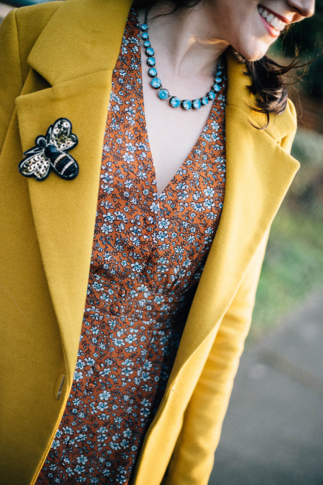 Birdie Ditsy Floral Tea Dress, Joanie Clothing, Ever New , Judy Crombie Coat, vintage fashion, vintage inspired pleated dress, vintage style, floral, yellow, brooch,