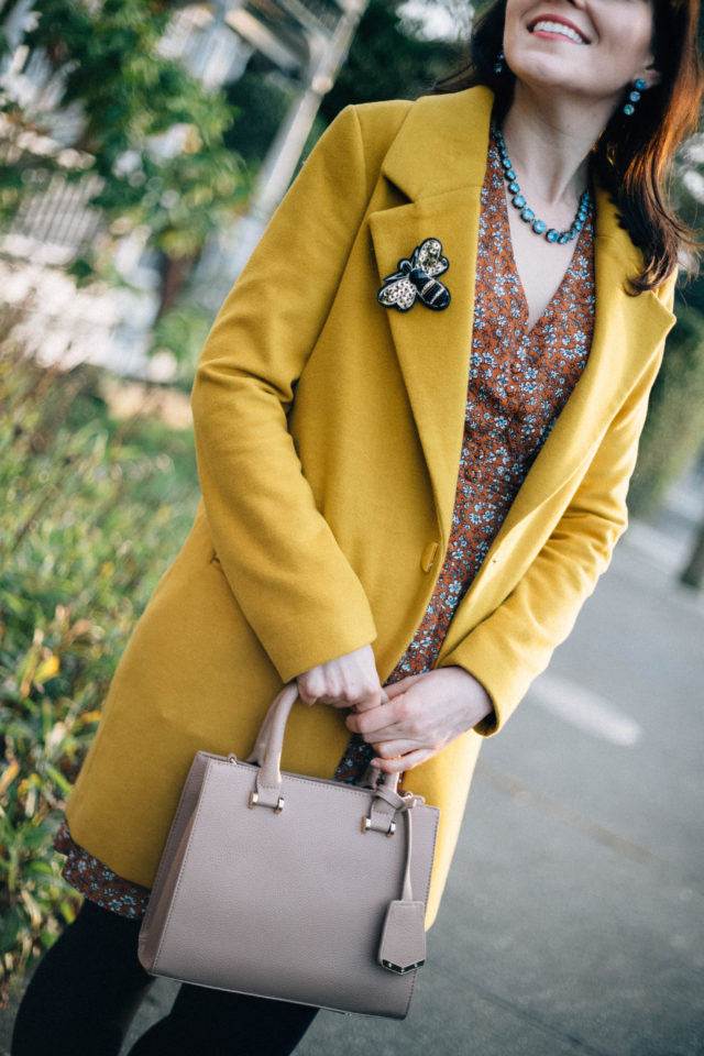 Birdie Ditsy Floral Tea Dress, Joanie Clothing, Ever New , Judy Crombie Coat, vintage fashion, vintage inspired pleated dress, vintage style, floral, yellow, brooch,