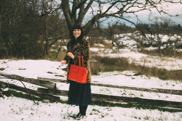 floris skirt by: TRINA TURK, H&M Beaded Flannel Blouse, Leopard Print Coat, Red Handbag, Review Australia, Asos, White Christmas, vintage, fashion, style, winter,