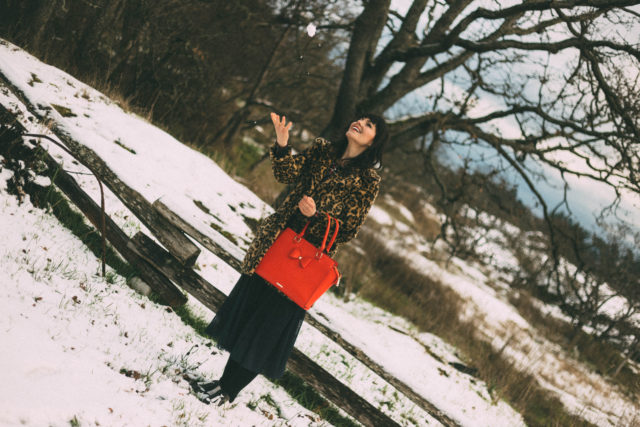 floris skirt by: TRINA TURK, H&M Beaded Flannel Blouse, Leopard Print Coat, Red Handbag, Review Australia, Asos, White Christmas, vintage, fashion, style, winter,