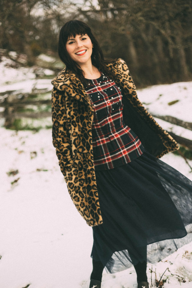 floris skirt by: TRINA TURK, H&M Beaded Flannel Blouse, Leopard Print Coat, Red Handbag, Review Australia, Asos, White Christmas, vintage, fashion, style, winter,