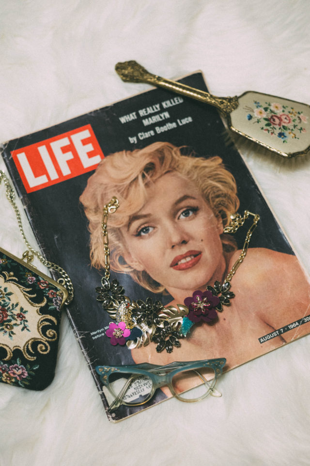 Queen of Blooms Statement Necklace, BAUBLE BAR, H&M, H&M Glittery Sweater , Tulle, Skirt, Vintage Life Magazine, Vintage glasses, Marilyn Monroe,