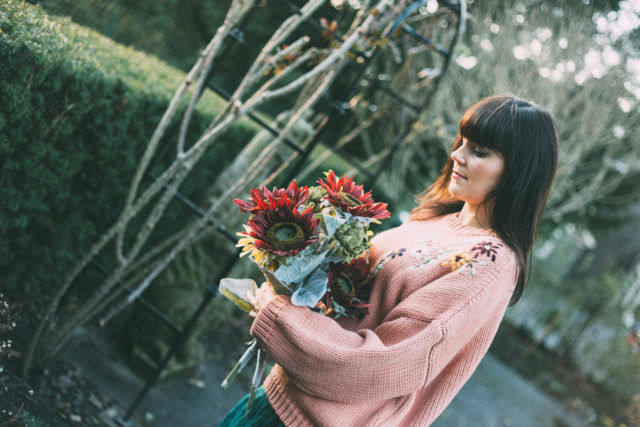 Flickering Lines Tulle Mesh Skirt in Green, Chic Wish, Flowering Branch Chunky Knit Sweater in Cora, chunky sweater, vintage fashion, tulle skirt, winter fashion, floral embroidery