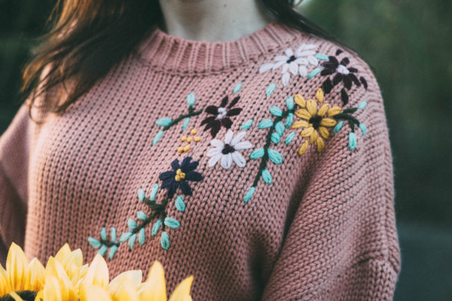 Flickering Lines Tulle Mesh Skirt in Green, Chic Wish, Flowering Branch Chunky Knit Sweater in Cora, chunky sweater, vintage fashion, tulle skirt, winter fashion, floral embroidery