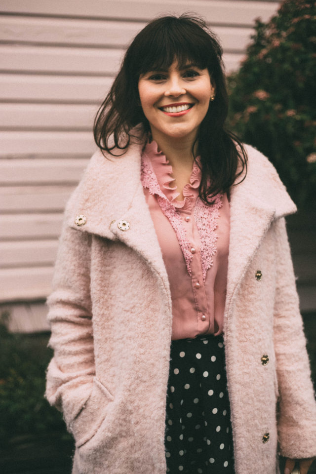 Pink coat, Pink blouse, Vintage, fashion, polka dot circle skirt, spring fashion, Victorian house, pink house, doll house,