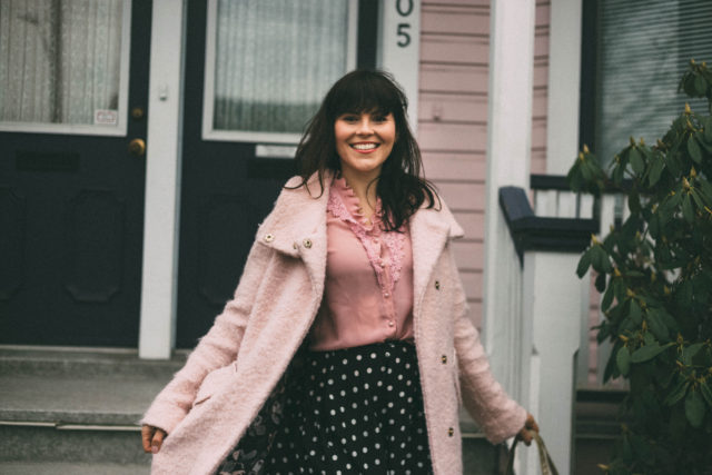 Pink coat, Pink blouse, Vintage, fashion, polka dot circle skirt, spring fashion, Victorian house, pink house, doll house,