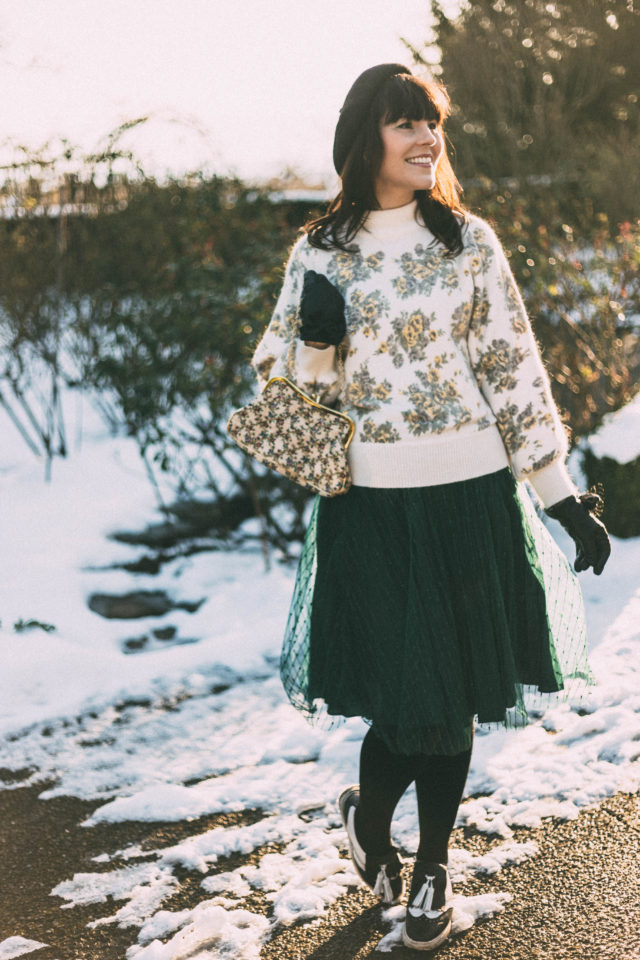 Yellow Roses Fluffy Knit Sweater, Chic Wish, Beret, Vintage, Parisian, Winter, floral, sweater, style, tulle skirt, brogues, Flickering Lines Tulle Mesh Skirt in Green,