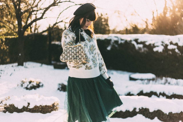 Yellow Roses Fluffy Knit Sweater, Chic Wish, Beret, Vintage, Parisian, Winter, floral, sweater, style, tulle skirt, brogues, Flickering Lines Tulle Mesh Skirt in Green,