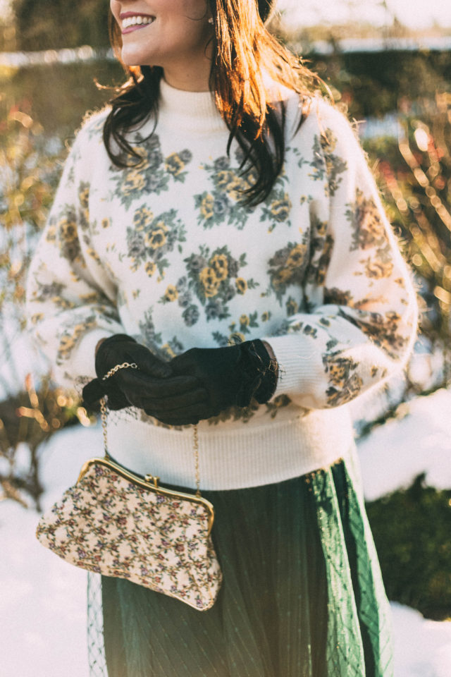 Yellow Roses Fluffy Knit Sweater, Chic Wish, Beret, Vintage, Parisian, Winter, floral, sweater, style, tulle skirt, brogues, Flickering Lines Tulle Mesh Skirt in Green,