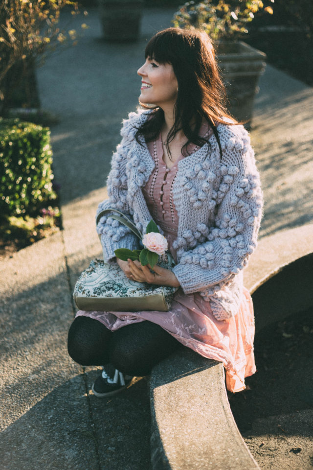 Knit Your Love Cardigan in Lavender, Pink Dress, Chic Wish, Spring Fashion, Flowers, chunky cardigan, vintage, style, dress, outfit, idea