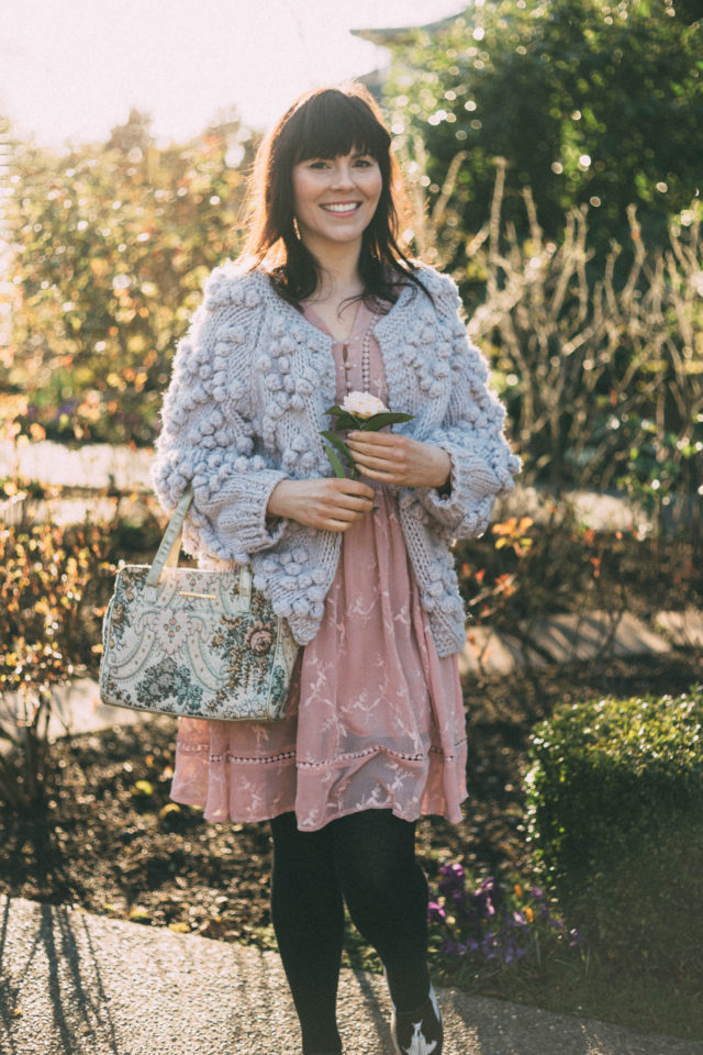 Knit Your Love Cardigan in Lavender, Pink Dress, Chic Wish, Spring Fashion, Flowers, chunky cardigan, vintage, style, dress, outfit, idea