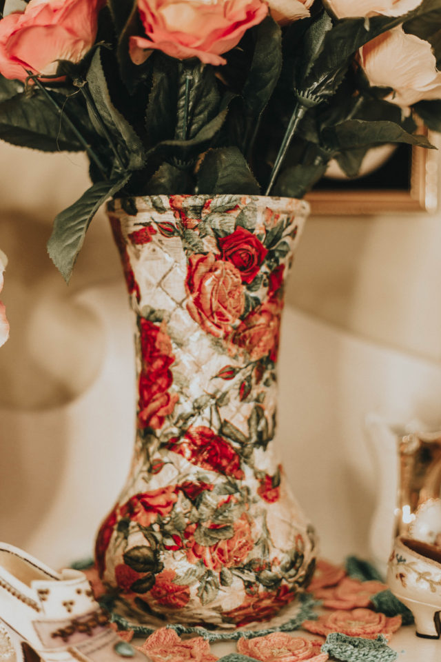 DIY decoupage vintage floral vase, up cycled vintage vase, mod lodge, shabby chic, vintage decor, up cycling, vintage decor,