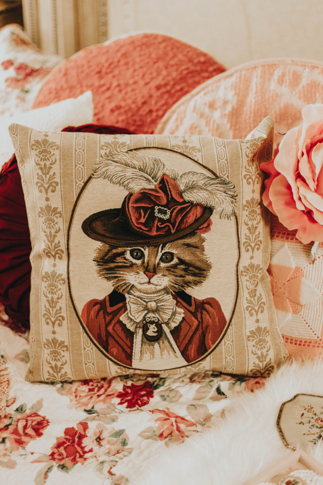 Cat portrait pillow, woven tapestry pillow case, Fun Victorian Style Dressed Cat Cushion Covers, Cat Lover Gift, Home Decor, Provence Decor, Vintage home decor haul, thrift store haul, home decor haul, shabby chic, vintage style, cat painting,